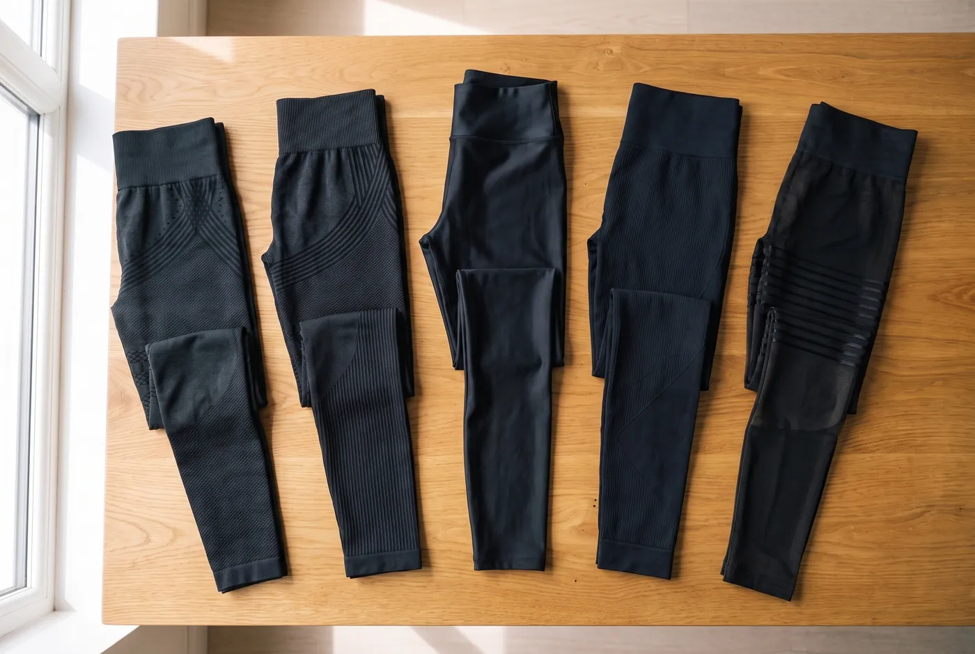 Five tested compression leggings on a table