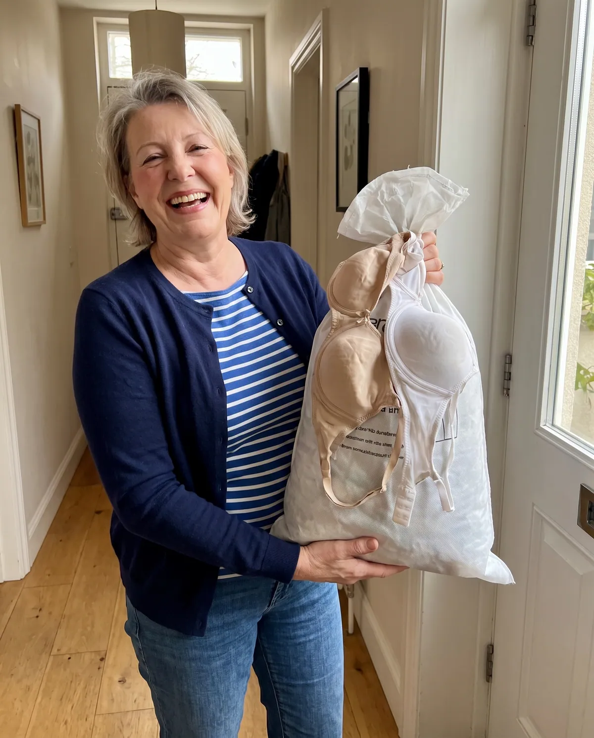 Monika mit einem Altkleidersack voller Bügel-BHs