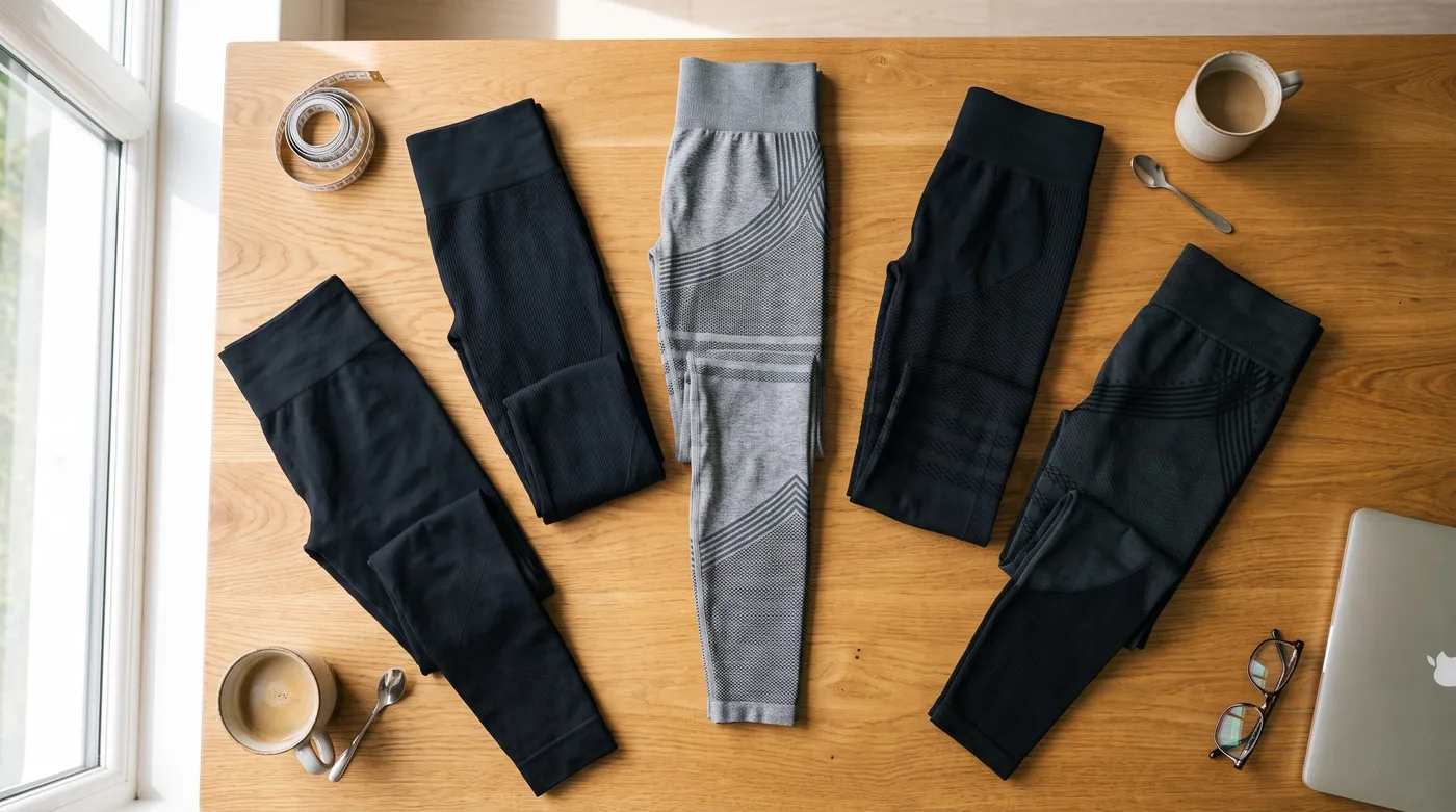 Die fünf getesteten Kompressionsleggings auf dem Tisch, LUMIVE vorne in der Mitte
