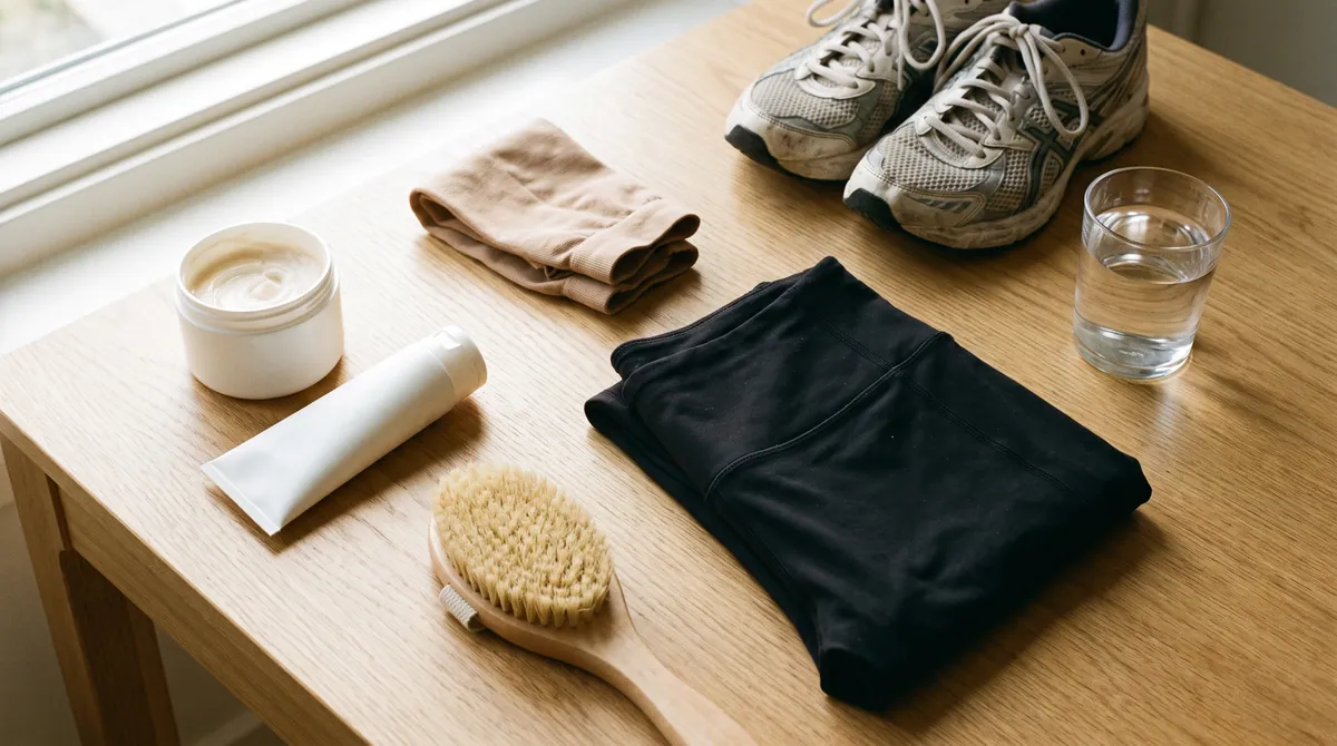 Cremer, børste, støttestrømper, løbesko og leggings på et bord