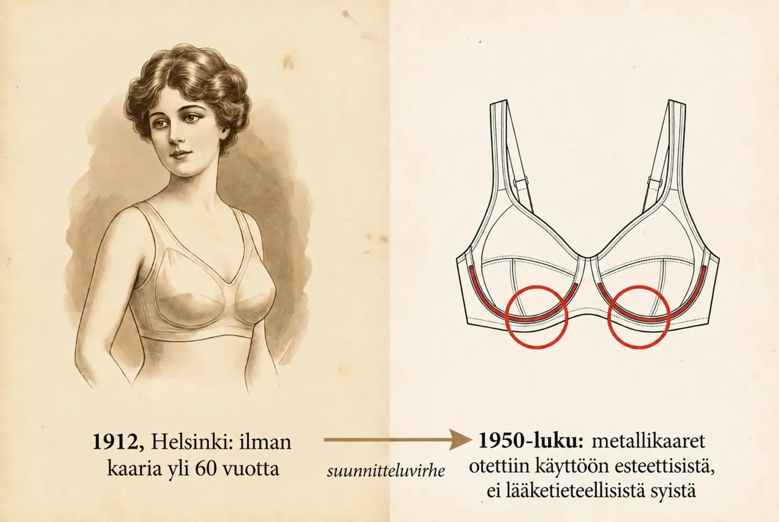 Aikajana metallikaaren aiheuttamista painepisteistä rintaliiveissä