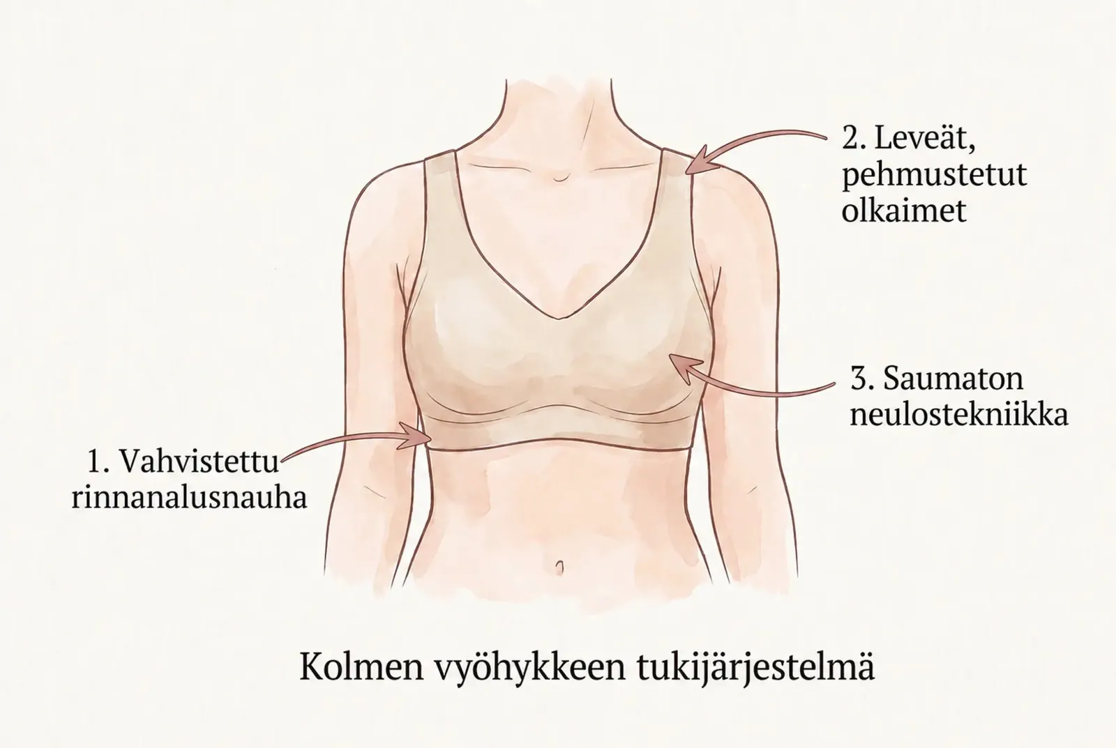 Kaarettomien rintaliivien kolmen vyöhykkeen tukirakenne