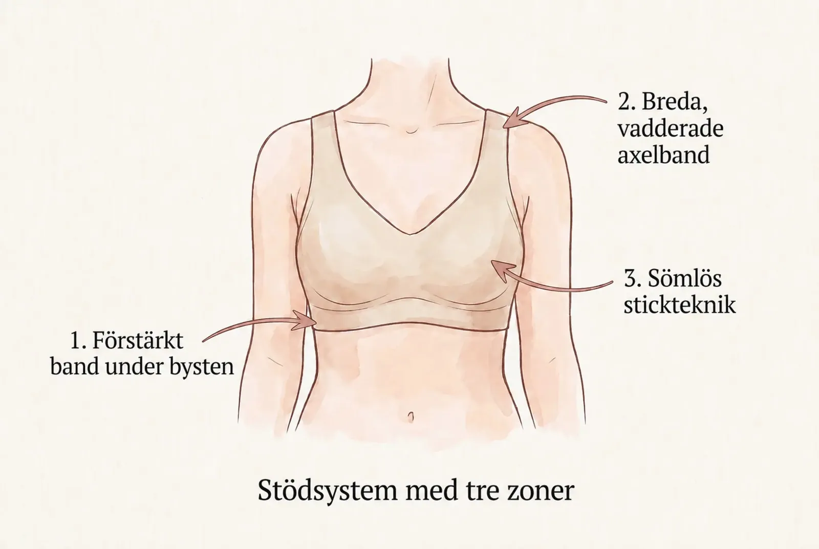 Stödkonstruktion med tre zoner i en bygellös BH