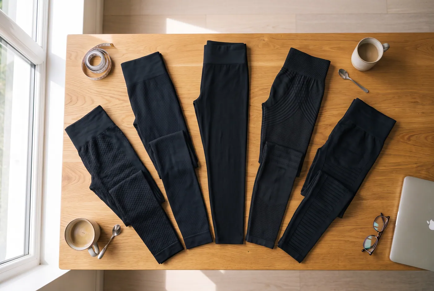Five tested compression leggings on a table