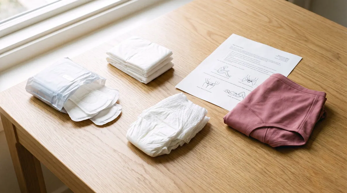 Bind, inkontinensbind, engangsbukser og inkontinenstrusser på et bord